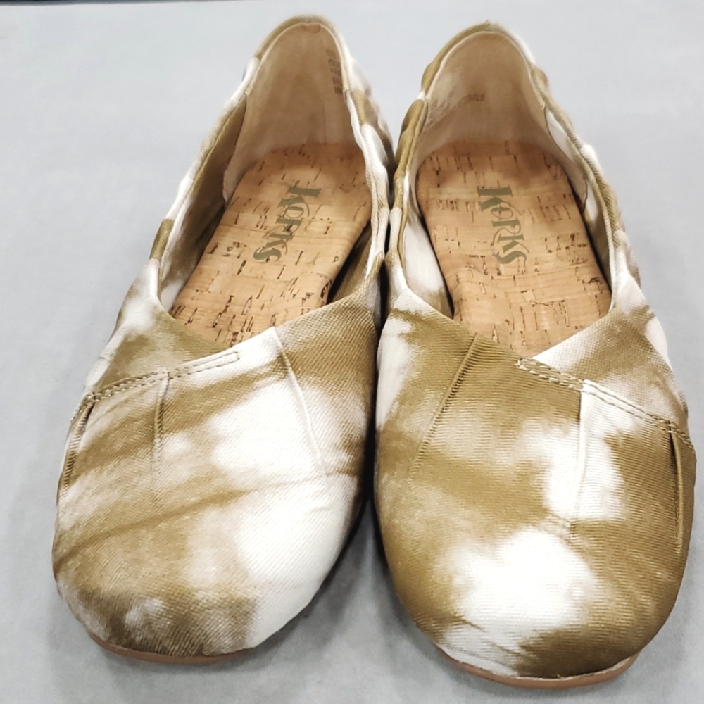 Korks ballet flats women's sz 6.5 olive green white tie dye twill fabric pleats - Picture 6 of 8